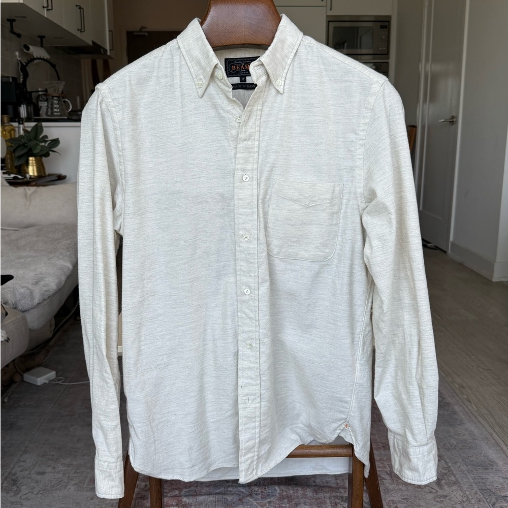 Beams Plus Cream Textured Casual Button Down Shirt